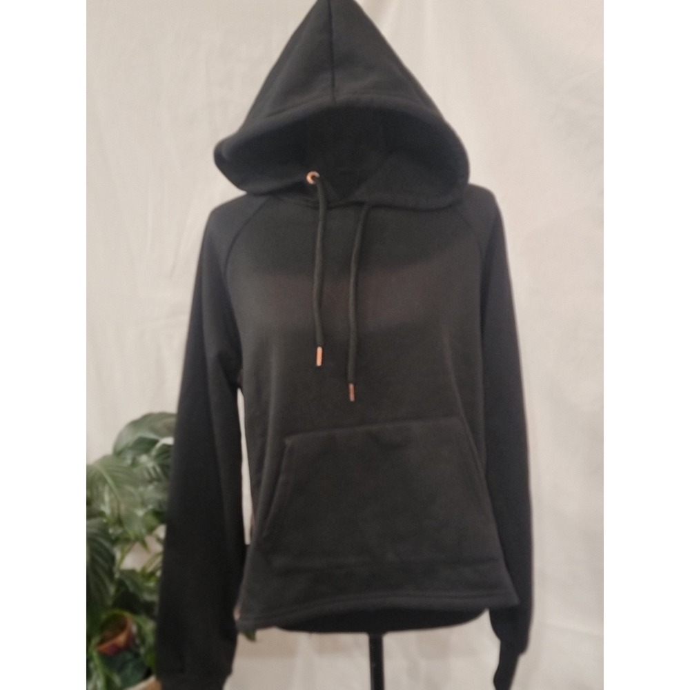 Bebe‎ Sport Womens Black Rose Gold Sequin Logo Side Tape Hoodie Pullover Large